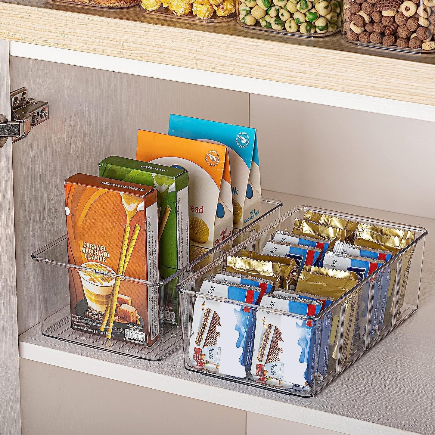 4-Pack Clear Plastic Food Storage Organizer Bins for Pantry, Kitchen, Fridge, and Cabinet - 4-Compartment Holder for Snacks, Pouches, and Spice Packets