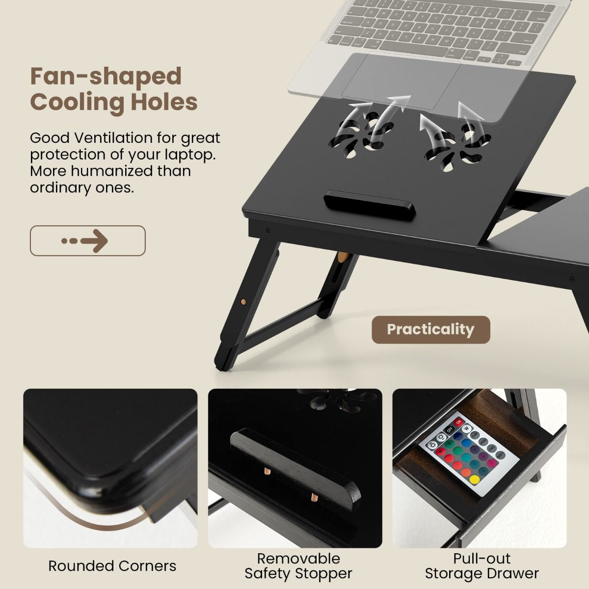 Adjustable Bamboo Laptop Lap Desk with Tilting Surface and Foldable Legs