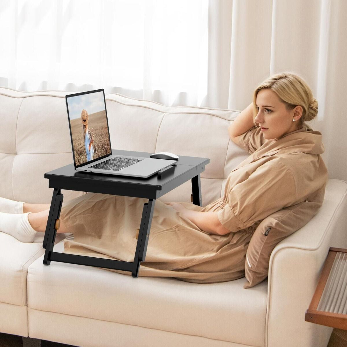 Adjustable Bamboo Laptop Lap Desk with Tilting Surface and Foldable Legs