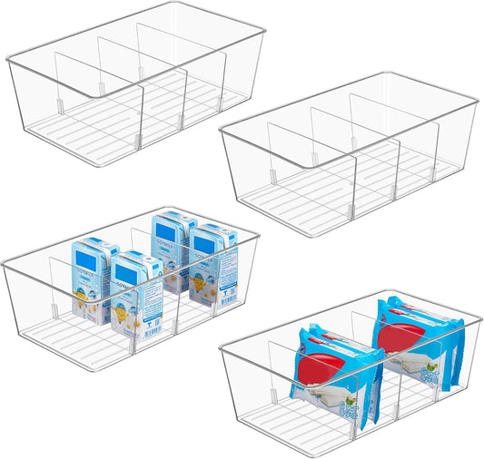 4-Pack Clear Plastic Food Storage Organizer Bins for Pantry, Kitchen, Fridge, and Cabinet - 4-Compartment Holder for Snacks, Pouches, and Spice Packets
