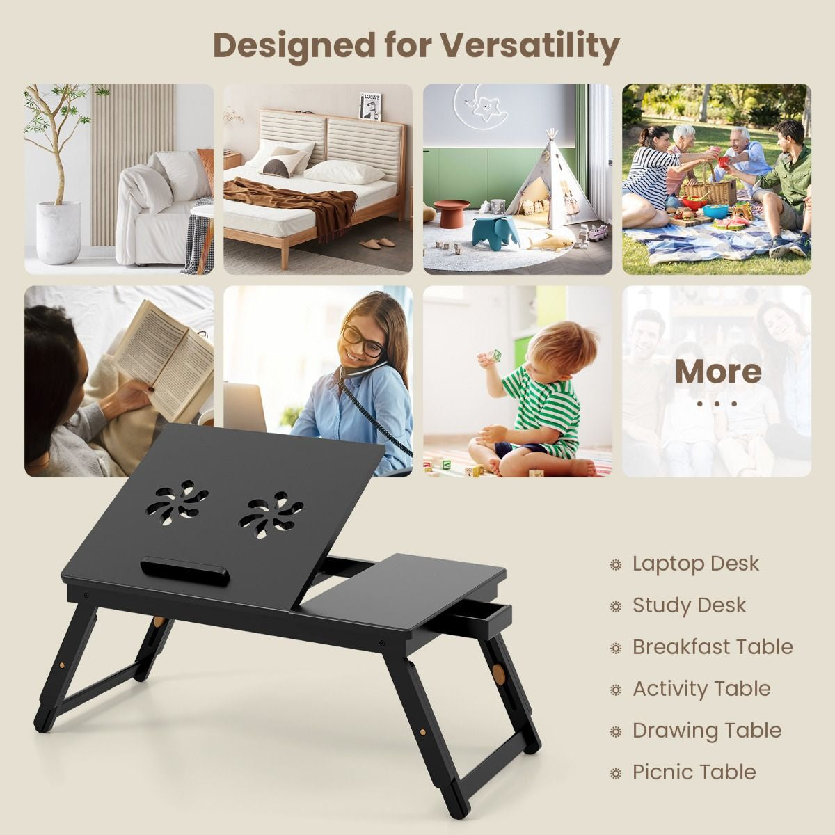 Adjustable Bamboo Laptop Lap Desk with Tilting Surface and Foldable Legs