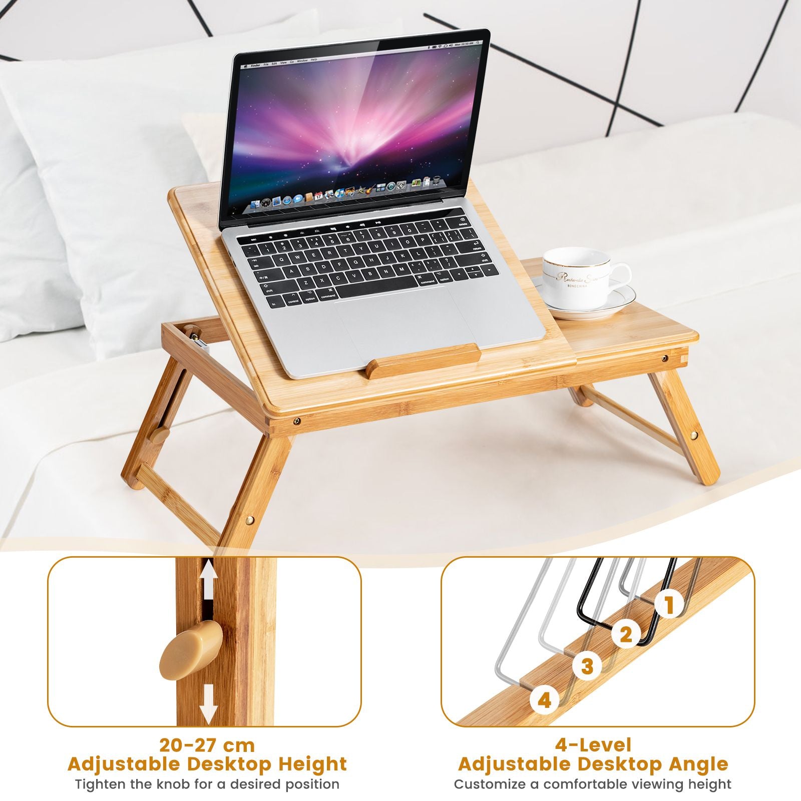 Adjustable Bamboo Laptop Lap Desk with Tilting Surface and Foldable Legs
