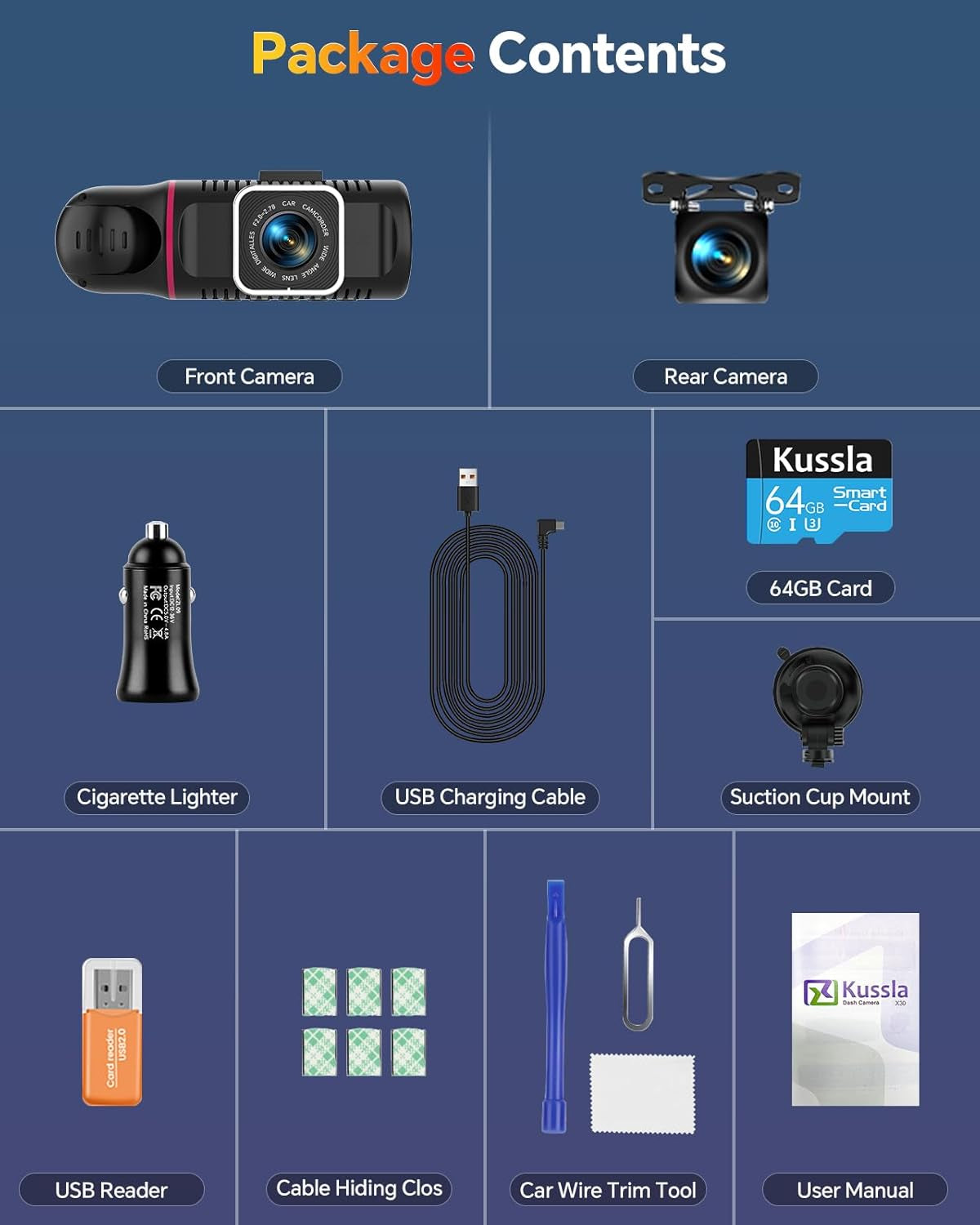 3-Channel 1080P Dash Cam with Front and Rear Cameras, 64GB Card, Adjustable Lens, Night Vision, G-Sensor, Loop Recording, and Parking Monitor