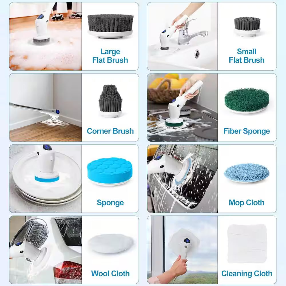 Electric Spin Scrubber 3 Speeds Cordless Cleaning Scrub Brush with 8 Replaceable Heads Adjustable and Extension Handle