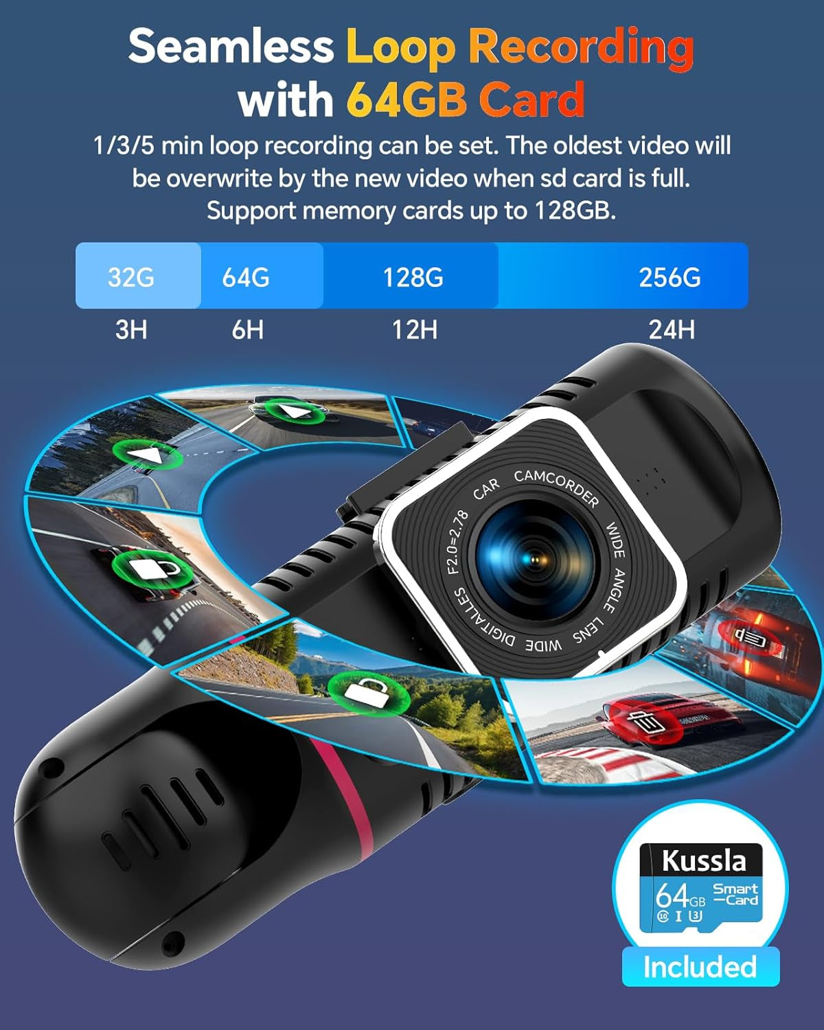 3-Channel 1080P Dash Cam with Front and Rear Cameras, 64GB Card, Adjustable Lens, Night Vision, G-Sensor, Loop Recording, and Parking Monitor