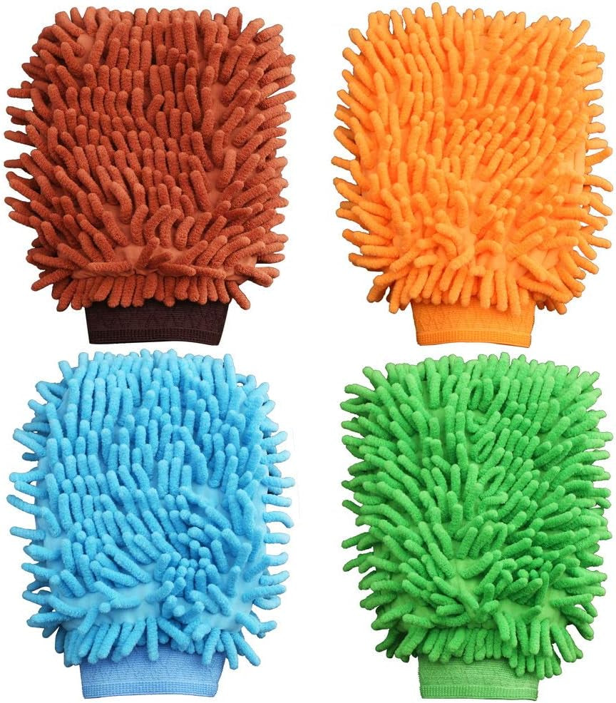 Microfiber Noodle Car Wash Mitts - Set of 4, Double-Sided, Super Absorbent Cleaning Gloves for Automotive and Household Use (Random Color)