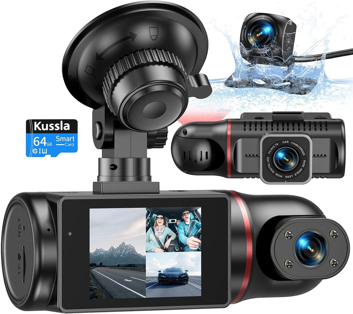 3-Channel 1080P Dash Cam with Front and Rear Cameras, 64GB Card, Adjustable Lens, Night Vision, G-Sensor, Loop Recording, and Parking Monitor