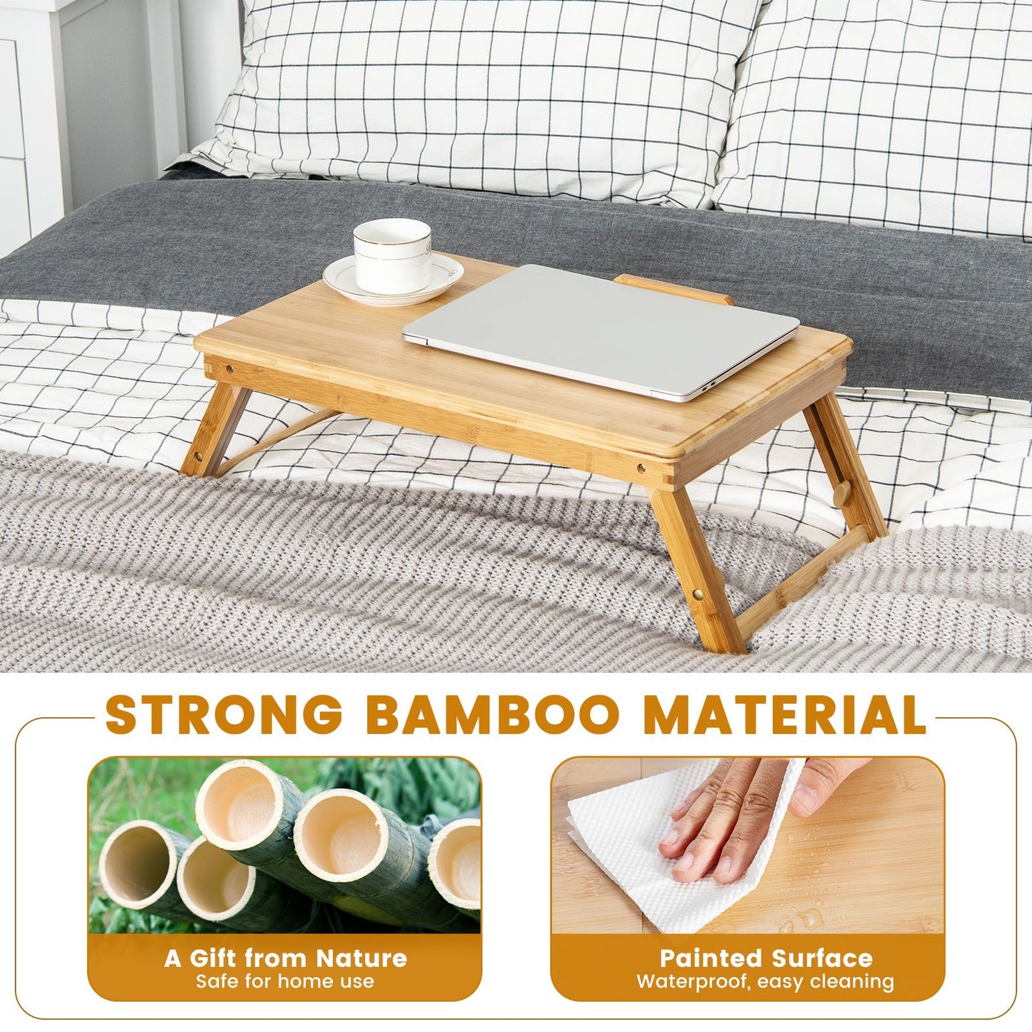 Adjustable Bamboo Laptop Lap Desk with Tilting Surface and Foldable Legs