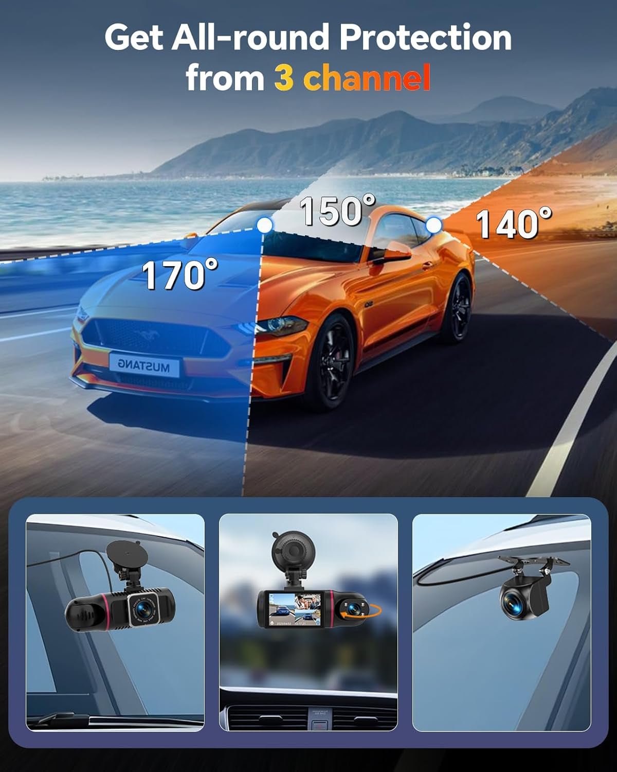 3-Channel 1080P Dash Cam with Front and Rear Cameras, 64GB Card, Adjustable Lens, Night Vision, G-Sensor, Loop Recording, and Parking Monitor