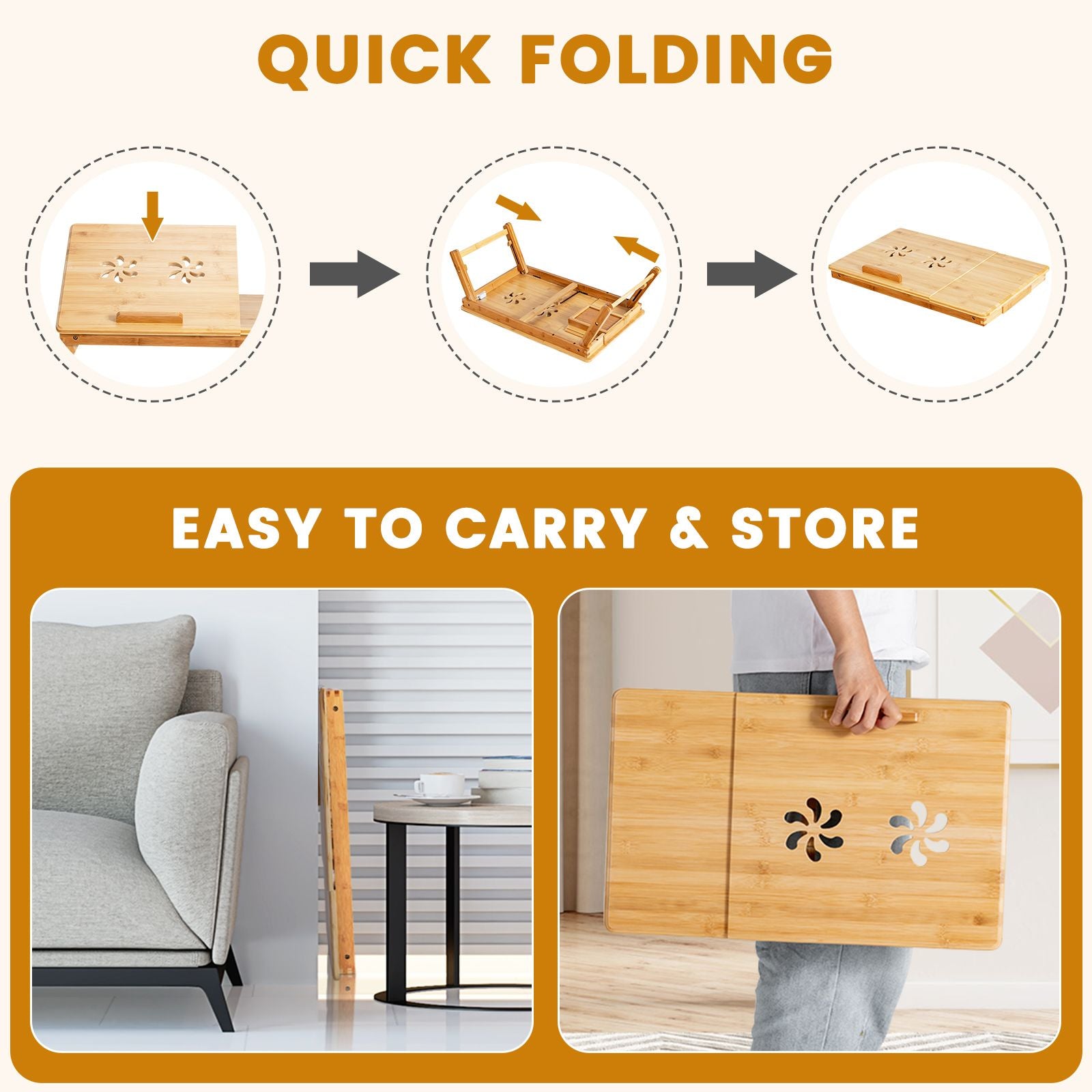 Adjustable Bamboo Laptop Lap Desk with Tilting Surface and Foldable Legs