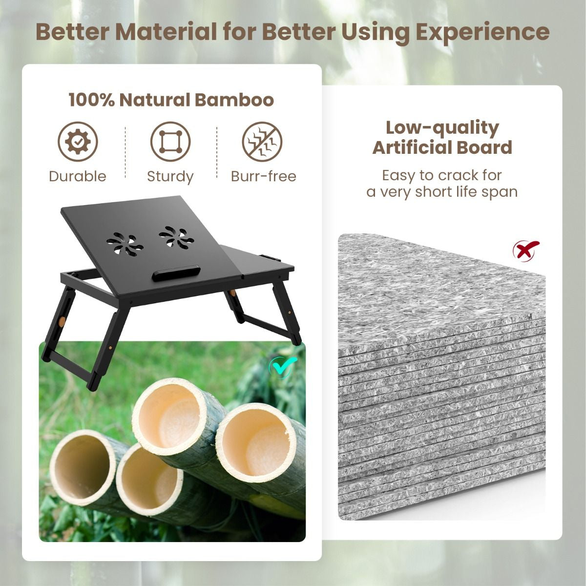 Adjustable Bamboo Laptop Lap Desk with Tilting Surface and Foldable Legs