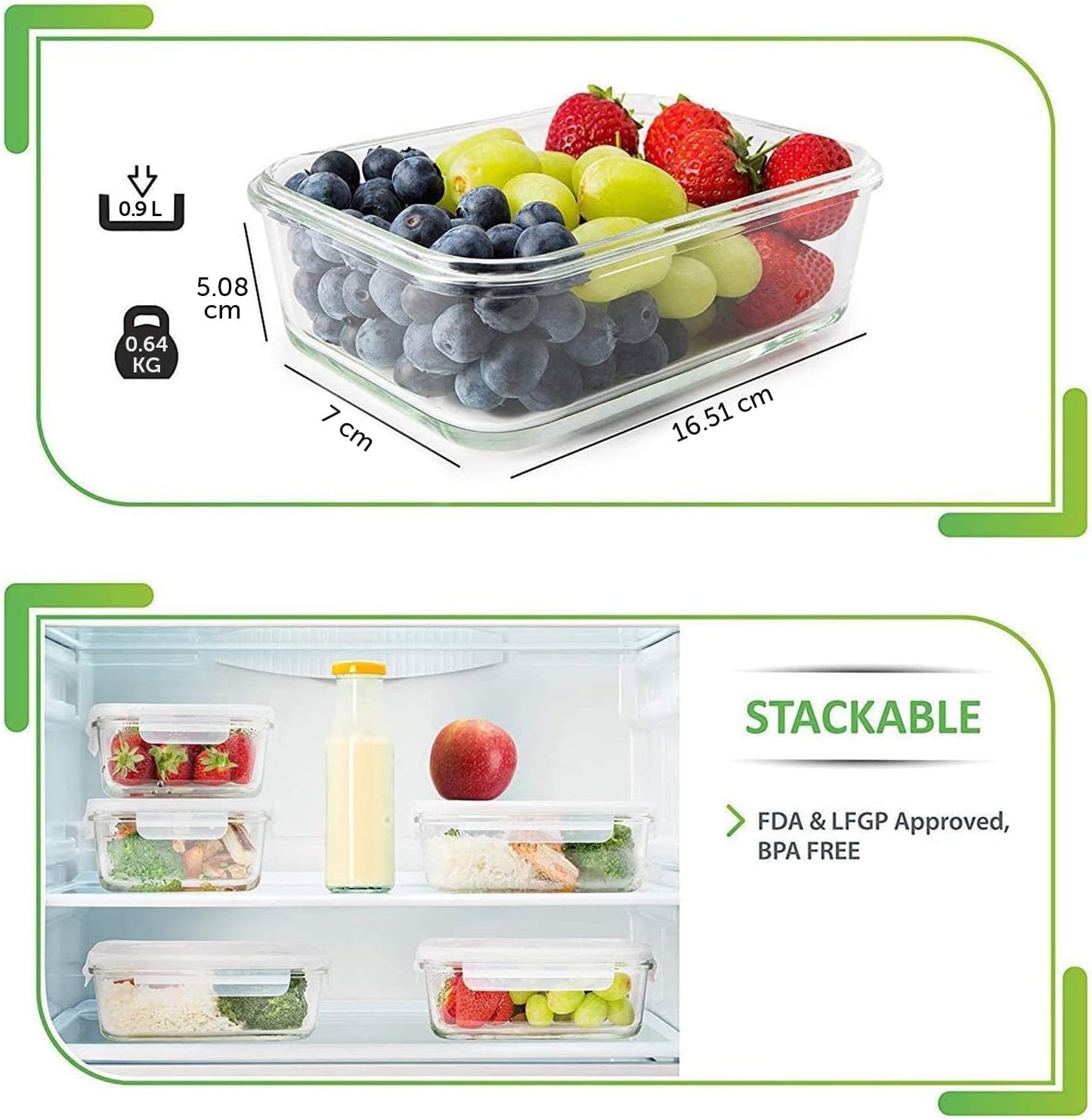 5-Pack Airtight Glass Meal Prep and Storage Containers with Lids - Reusable 880 Millilitres, Single Compartment