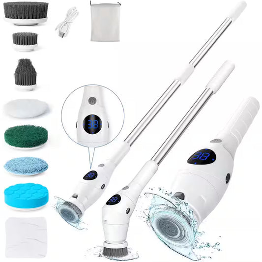 Electric Spin Scrubber 3 Speeds Cordless Cleaning Scrub Brush with 8 Replaceable Heads Adjustable and Extension Handle