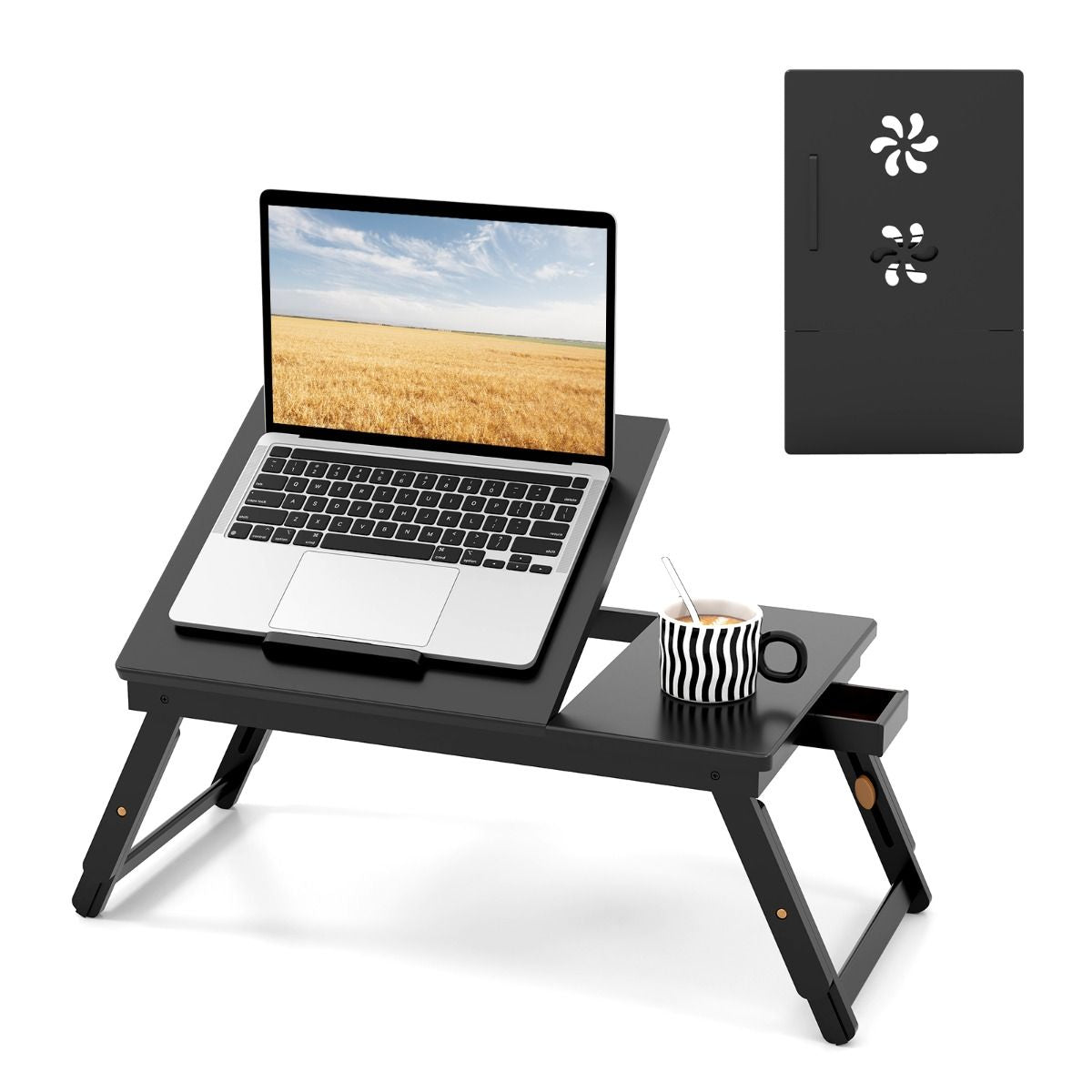 Adjustable Bamboo Laptop Lap Desk with Tilting Surface and Foldable Legs