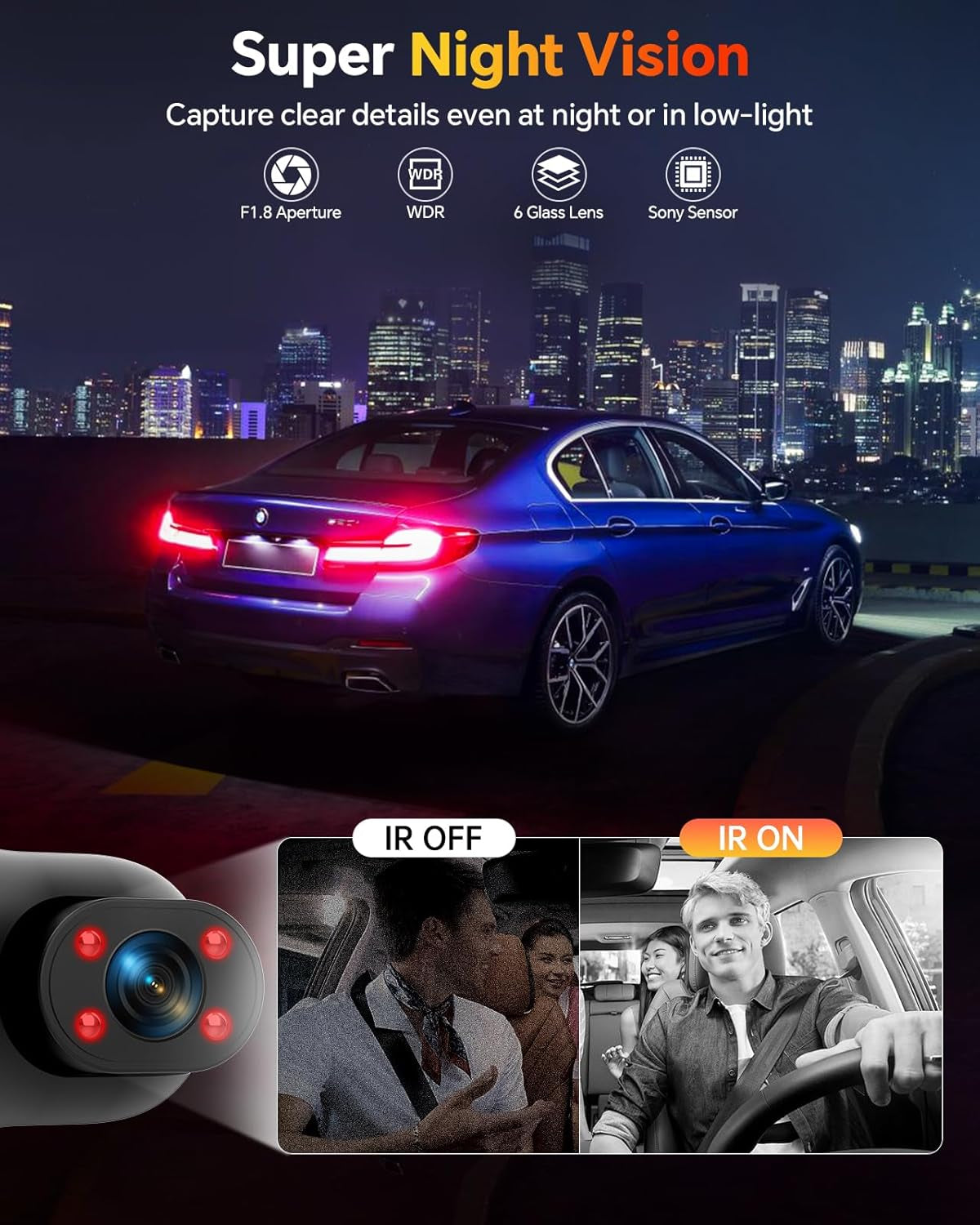 3-Channel 1080P Dash Cam with Front and Rear Cameras, 64GB Card, Adjustable Lens, Night Vision, G-Sensor, Loop Recording, and Parking Monitor