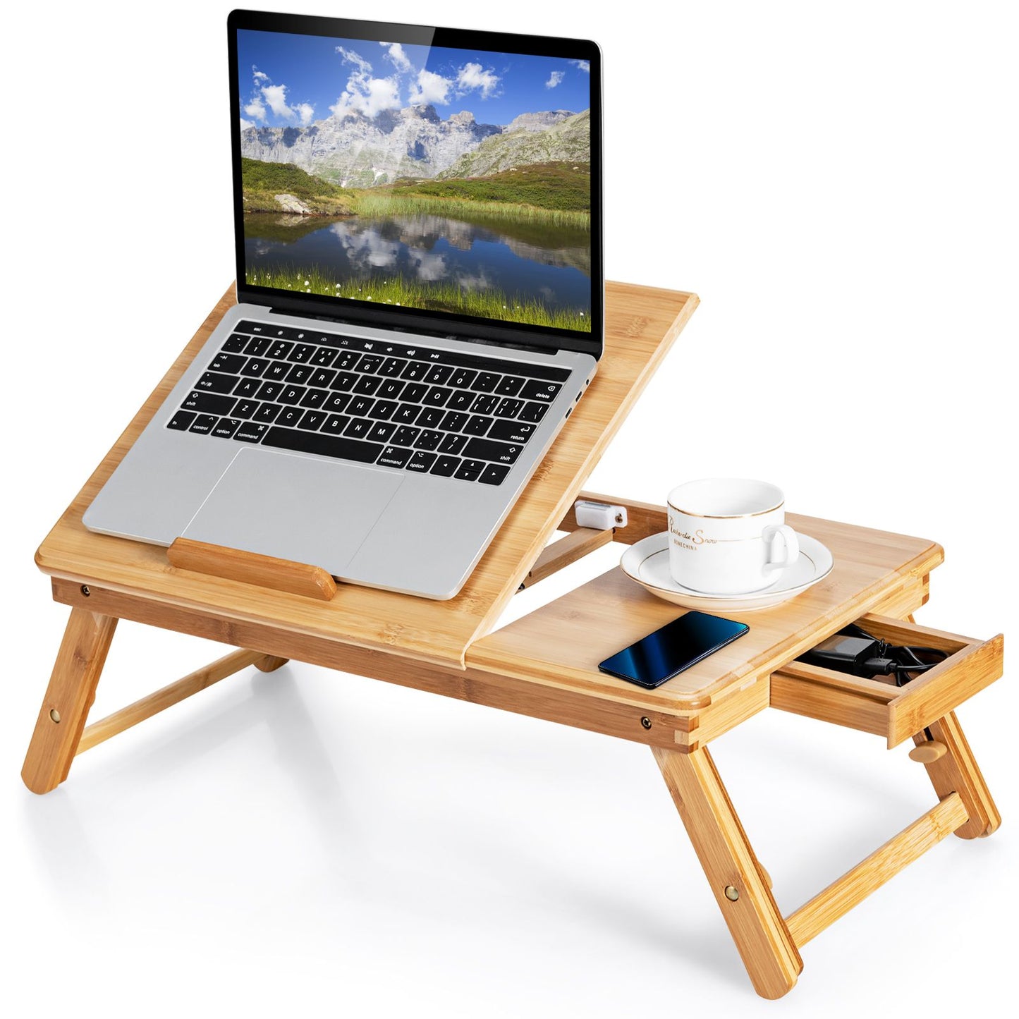 Adjustable Bamboo Laptop Lap Desk with Tilting Surface and Foldable Legs