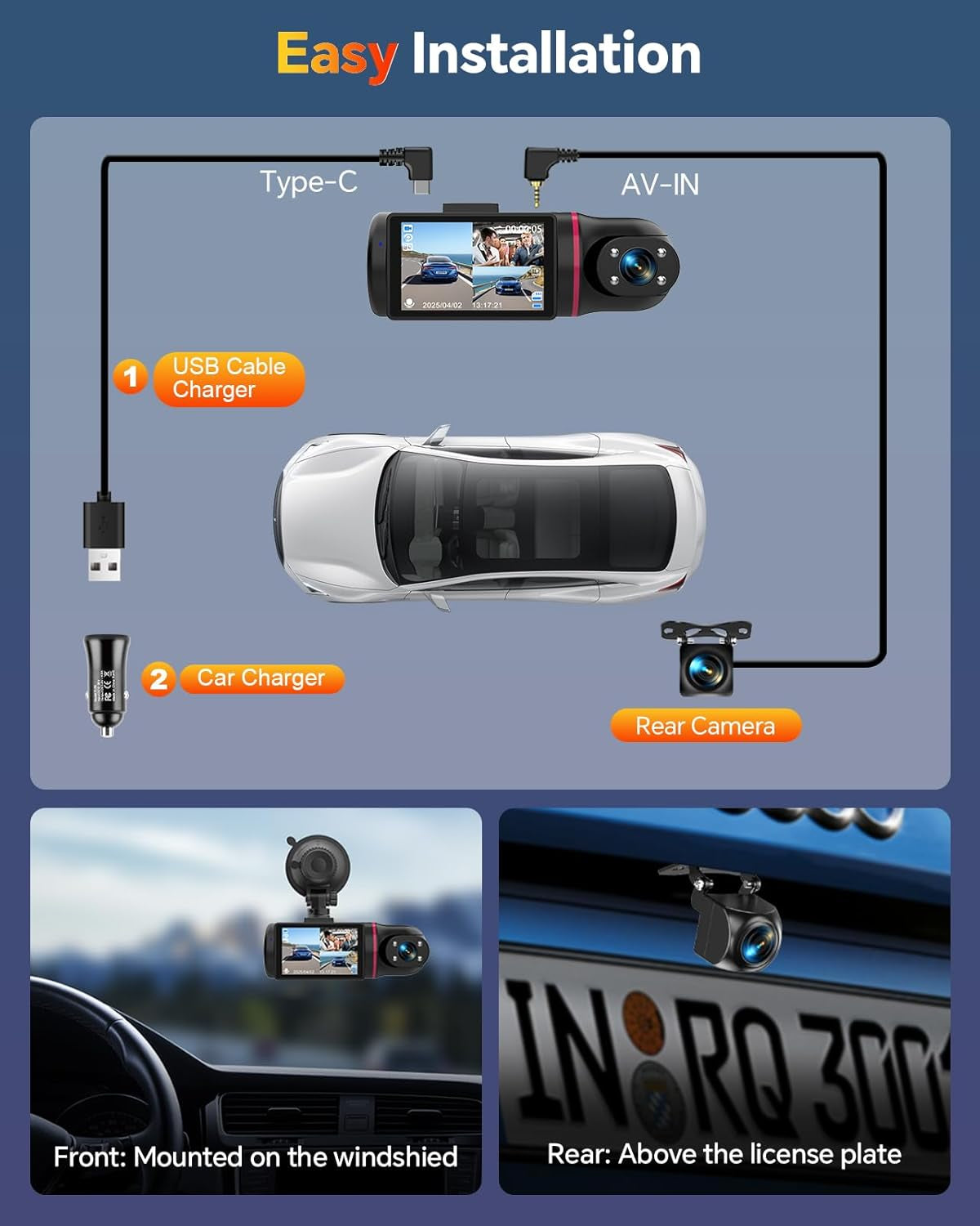 3-Channel 1080P Dash Cam with Front and Rear Cameras, 64GB Card, Adjustable Lens, Night Vision, G-Sensor, Loop Recording, and Parking Monitor