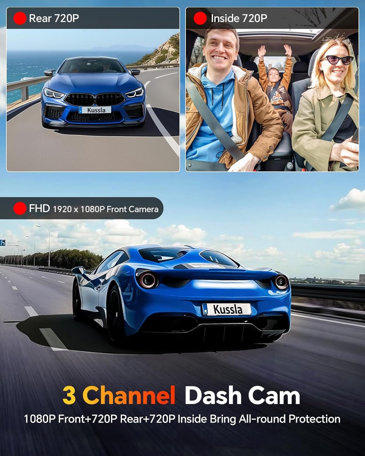 3-Channel 1080P Dash Cam with Front and Rear Cameras, 64GB Card, Adjustable Lens, Night Vision, G-Sensor, Loop Recording, and Parking Monitor