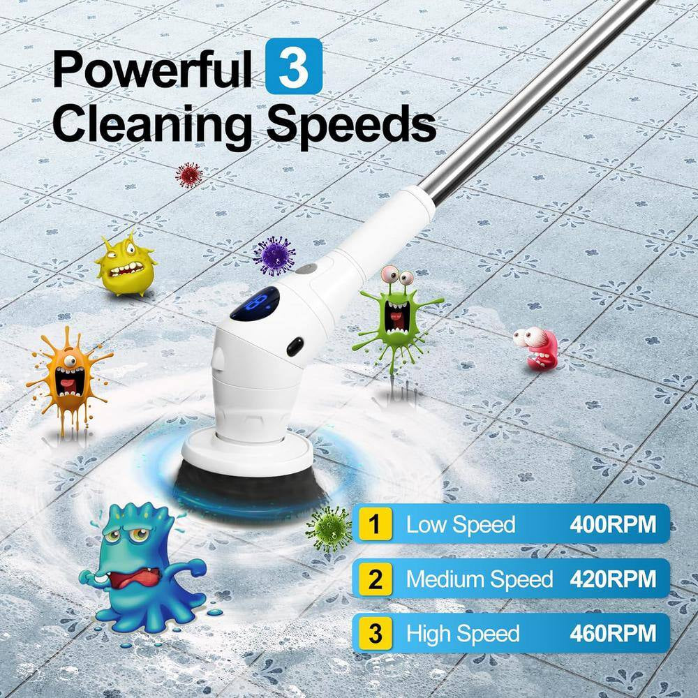 Electric Spin Scrubber 3 Speeds Cordless Cleaning Scrub Brush with 8 Replaceable Heads Adjustable and Extension Handle