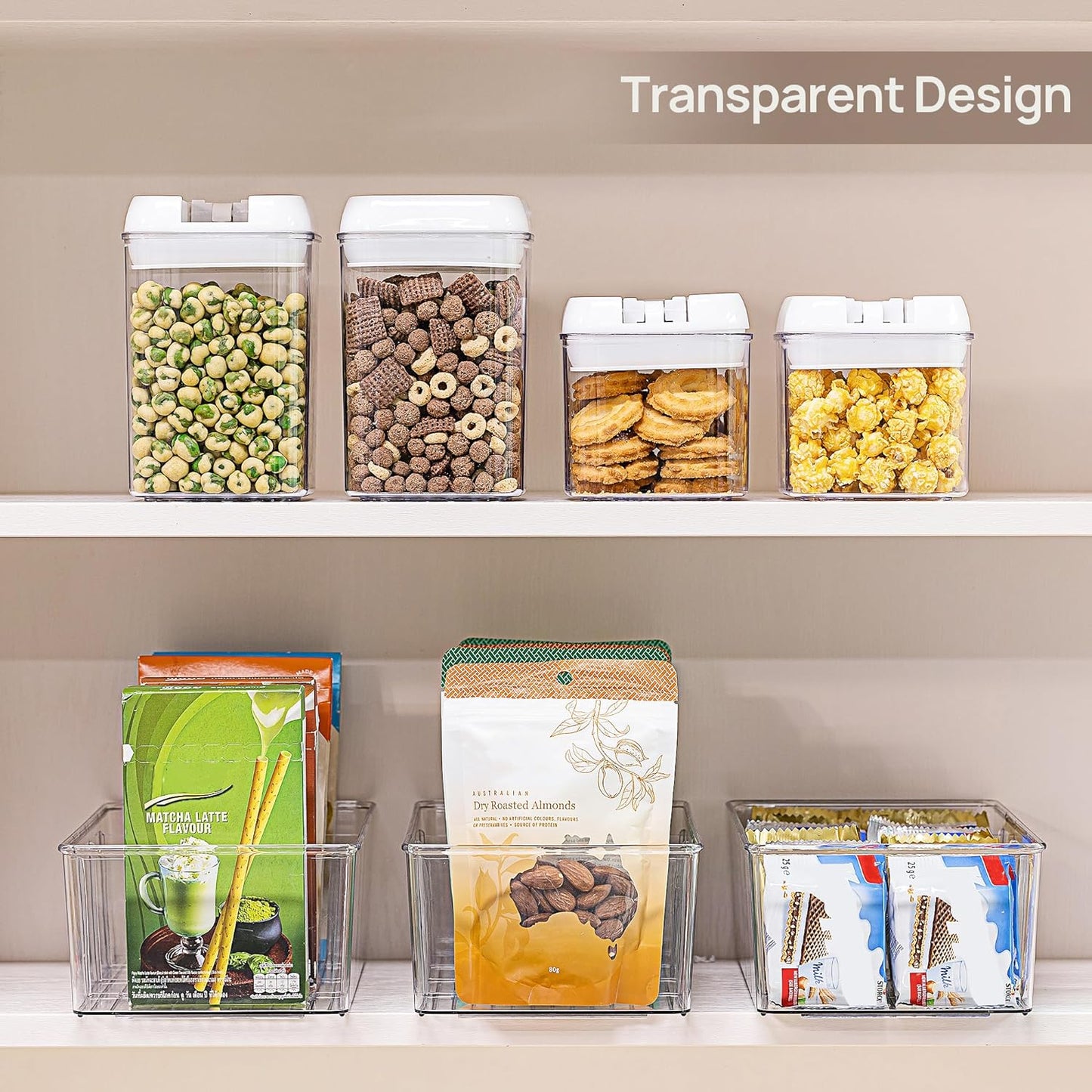 4-Pack Clear Plastic Food Storage Organizer Bins for Pantry, Kitchen, Fridge, and Cabinet - 4-Compartment Holder for Snacks, Pouches, and Spice Packets