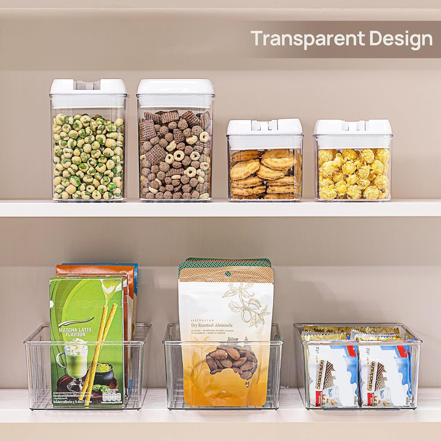 4-Pack Clear Plastic Food Storage Organizer Bins for Pantry, Kitchen, Fridge, and Cabinet - 4-Compartment Holder for Snacks, Pouches, and Spice Packets